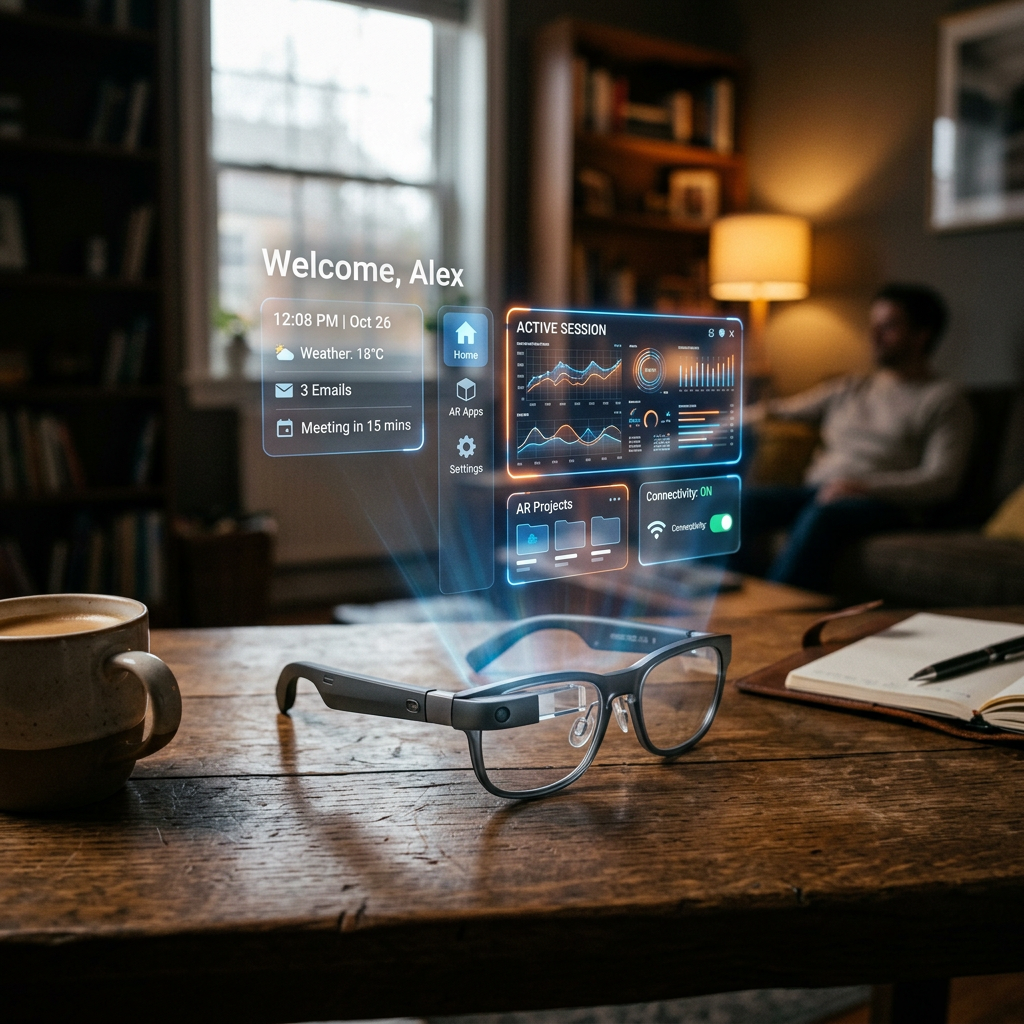 Smart glasses projecting augmented reality interface with weather, emails, meeting, and data charts