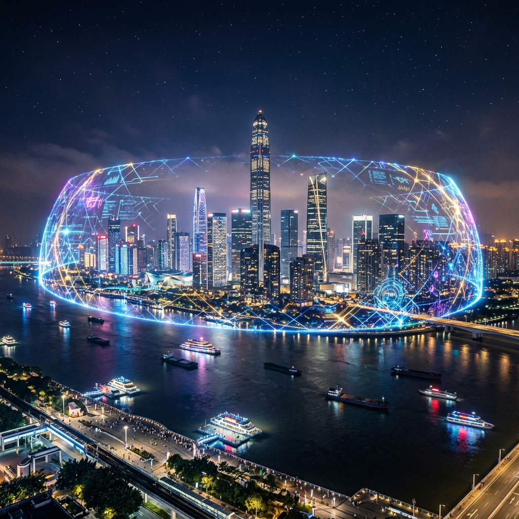 Modern city skyline at night enclosed by glowing digital network dome with connecting lines