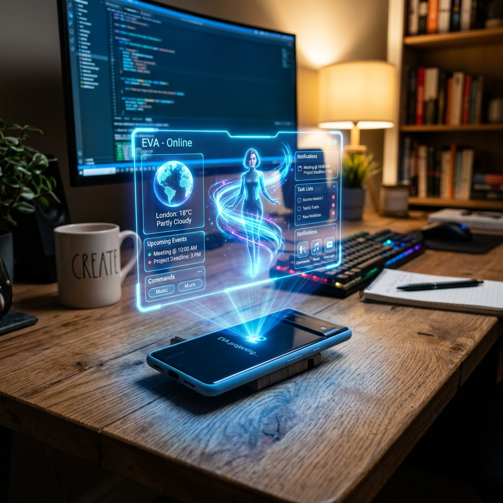 Smartphone on desk projecting holographic virtual assistant with weather, events, and notifications