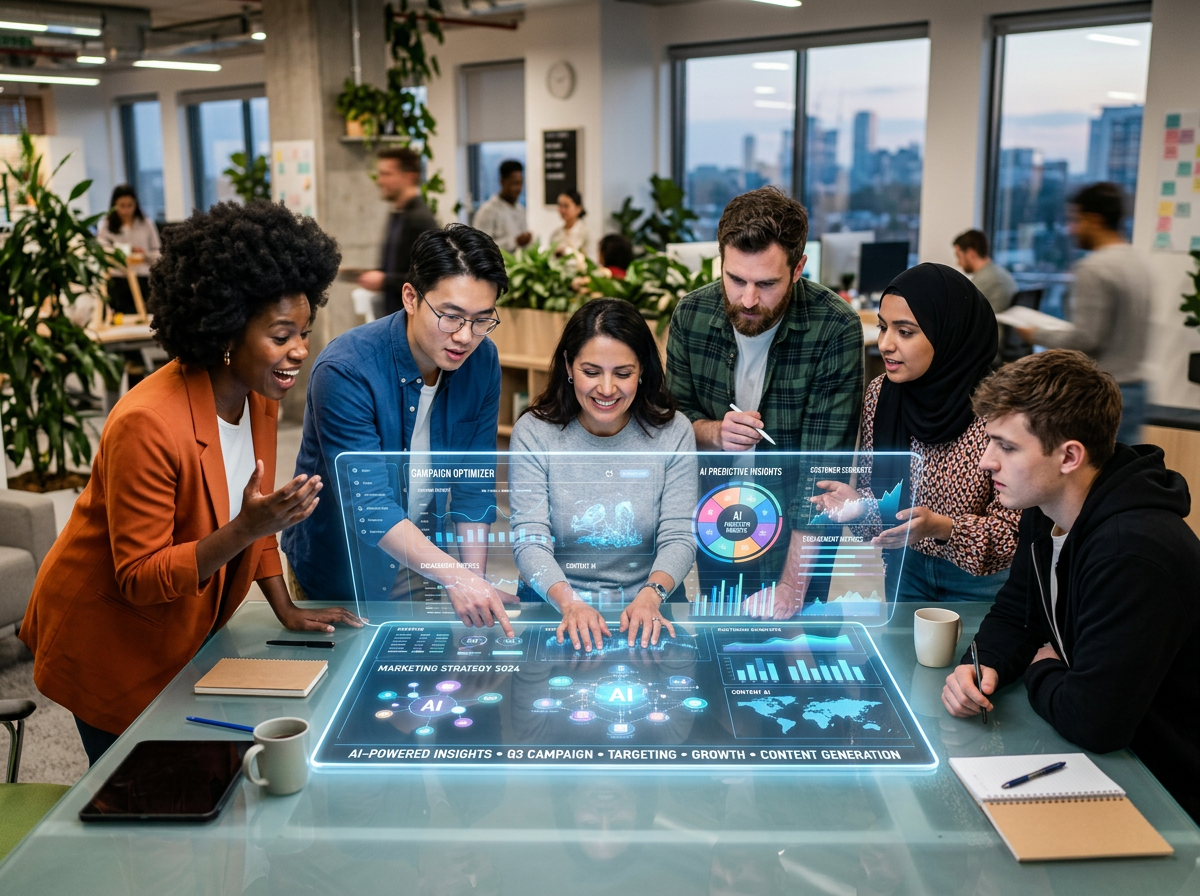 Diverse team reviewing an AI-powered marketing strategy dashboard