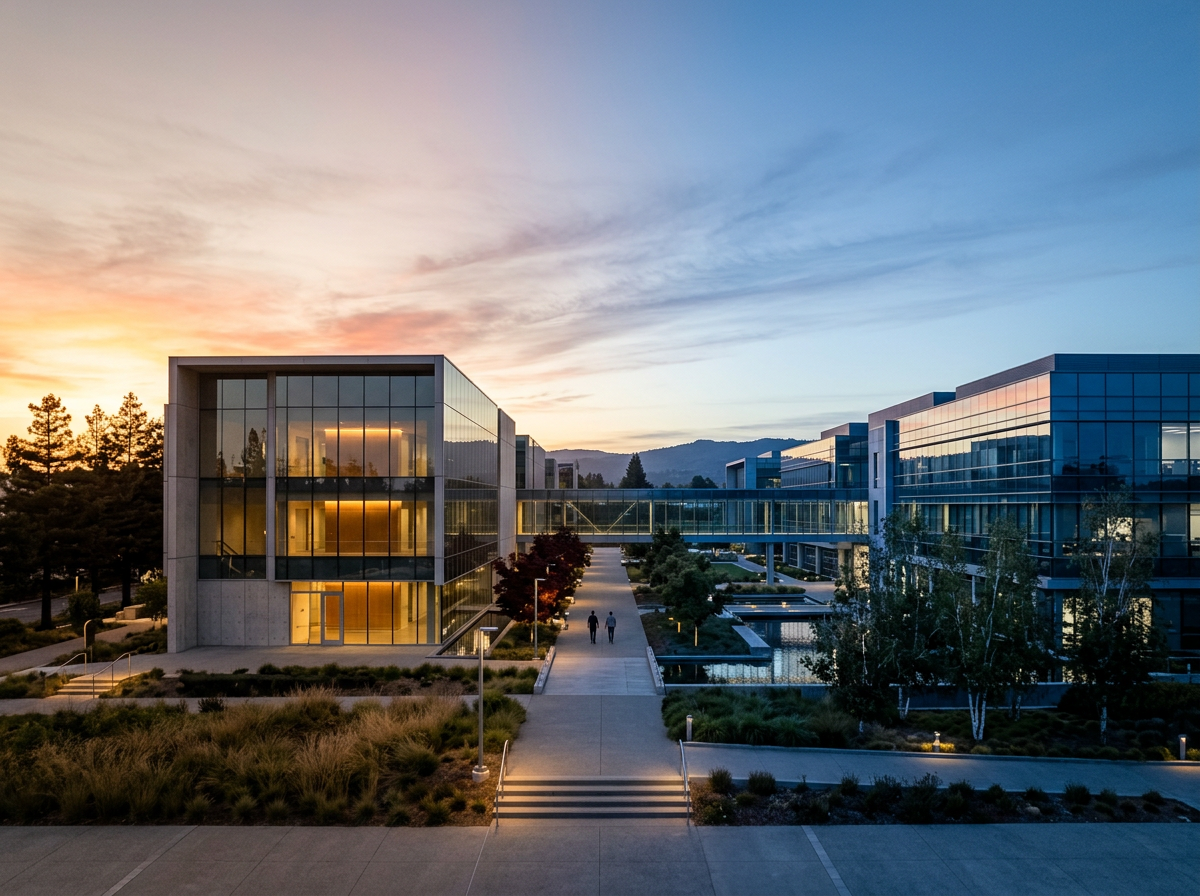 Modern glass campus buildings and landscaped walkway at sunset